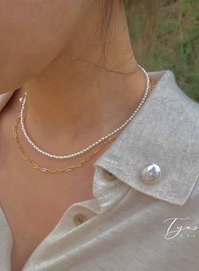 Tyusha经典h奶油白baby珠正圆强光施家珍珠项链14k包金毛衣链百搭