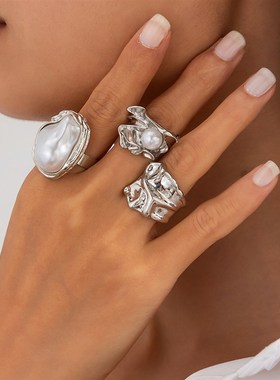 3件套巴洛克仿珍珠不规则戒指套A装 欧美个性时尚小众设计指环组