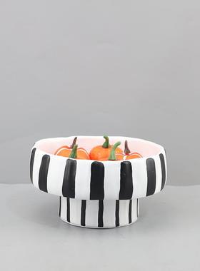 北欧创黑饰白竖纹花瓶果盘树1138脂摆意件客厅餐电视柜样厅板房家