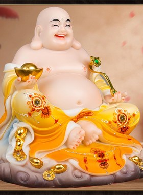 汉白玉彩绘弥h勒佛菩萨客厅店铺办公室招财摆件开心佛大肚笑佛石