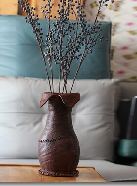 复古牛皮花瓶干花插花装饰摆件厚皮定型手工工艺品真皮打造高级感