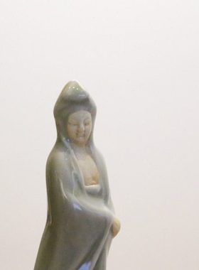 七八十年代国营汝瓷厂煤烧观音摆件青瓷家居饰品莲花老汝瓷