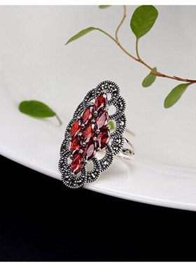 S925银戒指h女个性食指潮人百搭复古石榴红开口指环礼物老银匠手