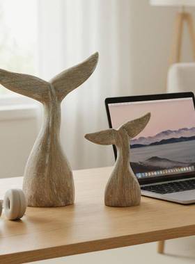 海洋风创意实木复古手工鱼尾巴摆件民宿样板房装饰鲸鱼尾巴工艺品