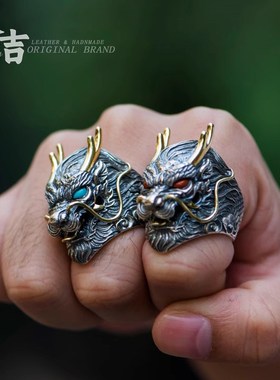 飛龍在天!霸气侧漏银戒指仓吉手工S925龙头男女个性开.口指环情侣