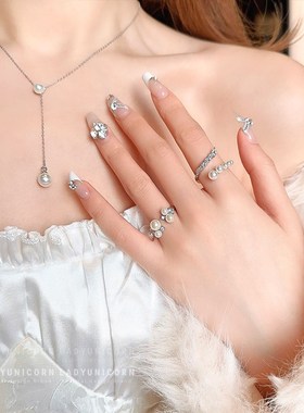 Ladyunicojrn 温柔圆球珍珠戒指两件套开口可调节气质指环女时尚