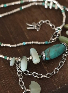 4.11清货定制浮力!925银苍松翠柏松石和田玉扇子O项炼约24g45+5cm