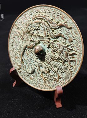 古董收藏纯铜大号龙凤呈祥铜镜护身镜  客厅玄关摆放复古创意摆件