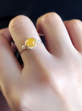 【招财转运】黄玉999足银手工戒指女细款胖手大号小Z指简约尾戒