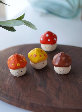 Joe的小作坊/小蘑菇木雕小摆件可爱桌H面装饰摆件手工雕刻送朋友