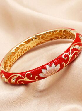 北京景泰坊蓝手镯珐琅铜女子细优雅圆掐丝复古闺蜜平按扣荷花礼物