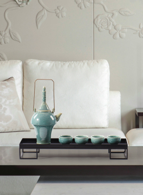 新中式陶瓷茶杯茶壶茶室茶台茶具摆件酒店N禅房金属茶盘软装配饰