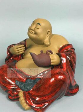 陶瓷工艺品石湾公仔家居装饰品礼品客厅酒柜招财摆件品茶大肚佛红