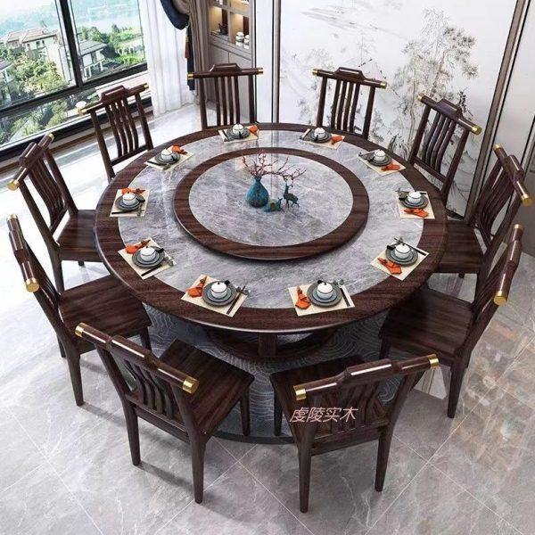 新中式乌金色实木岩板餐桌椅组合大理石圆桌酒店家用火锅桌带转盘,淘宝优惠券,粉丝福利购,淘宝优惠卷