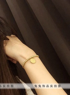 【钛钢不掉色】i中国风金币钱币女王人头像幸运招财弹力珠手链女