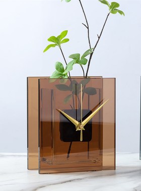 现代简约玻璃f茶色蓝色透明方形时钟座钟桌面摆件样板间软装饰品