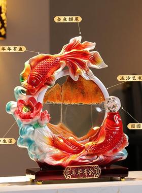 中式年年有余流沙画摆件高档家居客厅入户玄关装饰办公室招财摆设