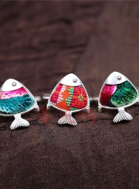 春风屿可爱小鱼葫芦刺绣老绣蜡染戒指民族风个性绣花可调Z节指环1