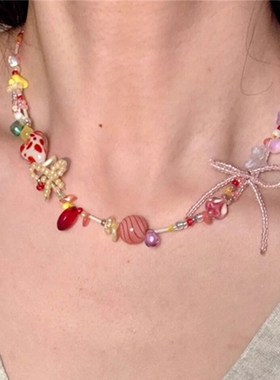 夏日小清新辣妹g多巴胺糖果彩色串珠项炼2025新款轻奢高级感锁骨