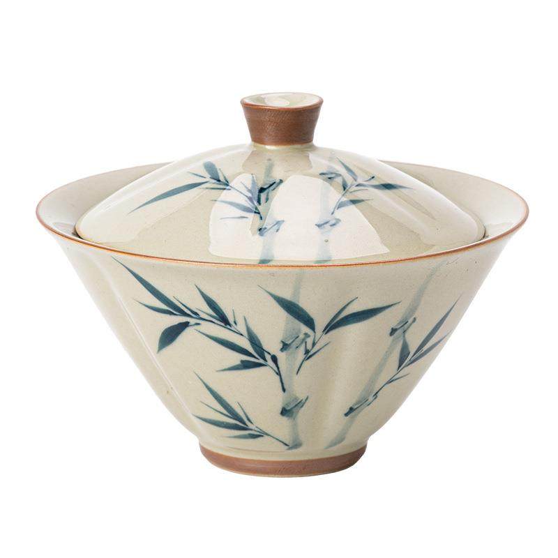 草木灰手绘竹子功夫二才盖碗复古陶瓷茶具家用单个不烫手泡茶碗,淘宝优惠券,粉丝福利购,淘宝优惠卷