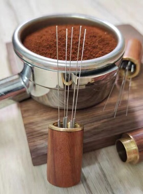 不锈钢咖啡布粉针布粉器咖啡粉搅拌结块打散器具针式带收纳胡桃木