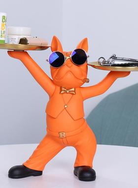 功夫法斗狗摆件创意钥匙收纳托盘家居装饰客厅玄关桌面树脂工艺品