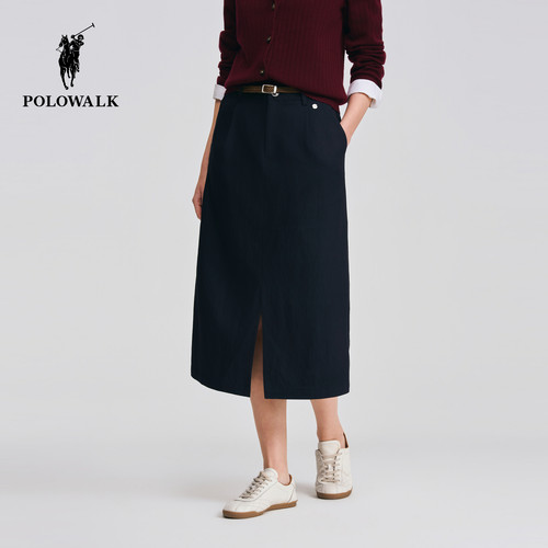 POLOWALK女士半裙2026秋季裤新款经典直筒编织腰带中长通勤半身裙 - 图0
