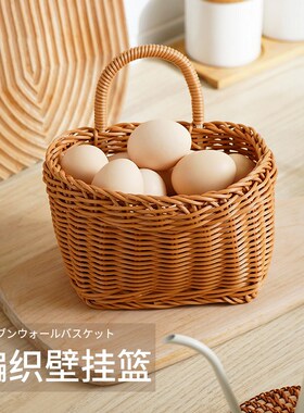 厨房姜蒜收纳筐日式手工编织篮藤编壁挂篮子放生姜大蒜墙上置物篮