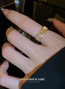 真金电镀锆石字母H开口戒指 时尚通勤个I性食指戒轻奢高级感手饰