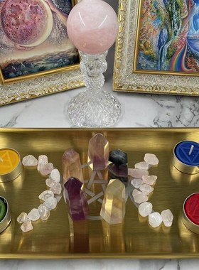 五芒星三相月地水火o风四元素月亮不锈钢金属蜡烛台摆件水晶托盘