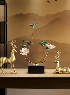 新中式荷花摆件博古架陶瓷装饰品家居客厅酒柜Q高端办公室轻奢莲