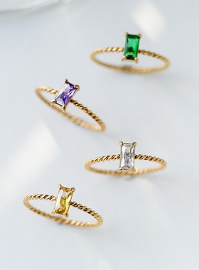 高级感精致小众镀18K金麻花彩色长春花蓝水晶方W钻戒指女不掉色