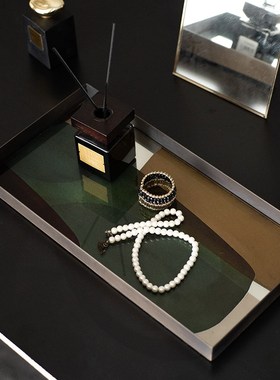 进口现代简约北欧金属创意拼色z玻璃长方形收纳托盘茶盘摆件装饰