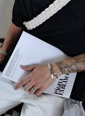 SAZ 金c属方块珍珠手链男女双层叠戴简约冷淡风手饰钛钢百搭可调