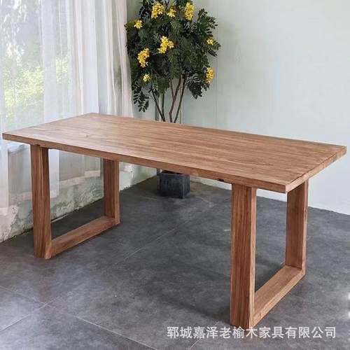老榆木茶桌复古实木书桌家用长方形长条餐桌原木吧台桌面板电脑桌 - 图0