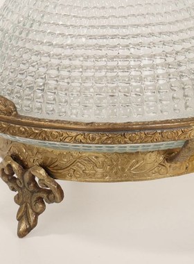 印度进口黄c铜玻璃点心防尘展示盘样板间家用餐桌果盘收纳装饰摆