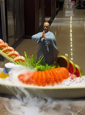 海鲜姿造装饰摆件刺身装饰v人物点缀新中式陶瓷树脂网红小和尚摆