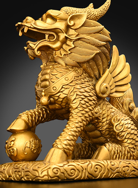 铜麒麟摆件一对纯铜n祥云麒麟公母麒麟客厅门店桌面装饰元宝福麒