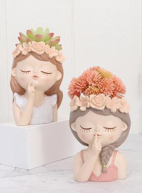 如果 家居桌面园艺景观多肉树脂创意花盆可爱女孩盆栽花器小花盆