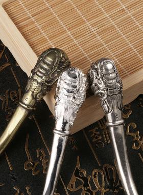 黄铜复古烟斗老式传统龙凤纹黄铜手工旱烟袋锅古玩工艺品收藏摆件