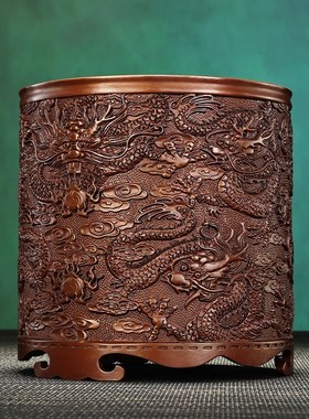 紫铜九龙戏珠笔筒手工工艺品书房文房M收藏办公家居饰品礼品