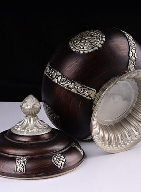 藏式民族风八吉祥糌粑盒新款雕刻古铜色收纳罐藏式用品家用摆件