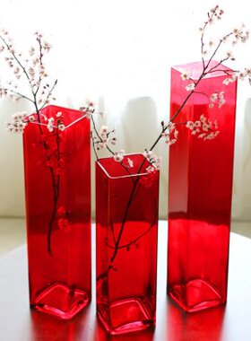 大红色方形玻璃花瓶百合花富贵竹大号落地家居现代客厅插花4050cm