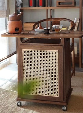 移动实木阳e台桌小户型茶几北美黑胡桃木客厅小茶桌带轮移动茶台