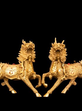 纯铜麒麟摆件一对黄铜火麒麟招财客厅办公室纯家用福X禄麒麟大小