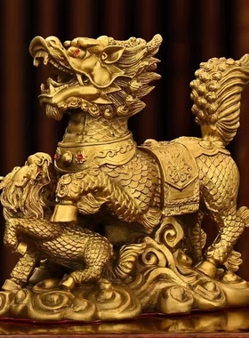 黄铜麒麟纯铜g母子戏珠麒麟摆件公母一对招财客厅新家居家客厅摆