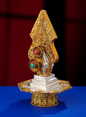 尼泊尔朵玛食子三根本摆件铜鎏金银手工供花24cm