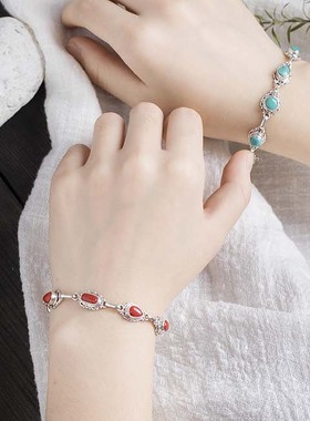 尼泊尔手工925银饰p品镶嵌绿松石宝石手链女款藏式时尚复古民族风