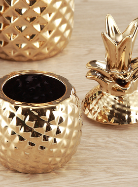 印度进口铜金色菠萝收纳罐北w欧饰品摆件创意首饰盘工艺品装饰家