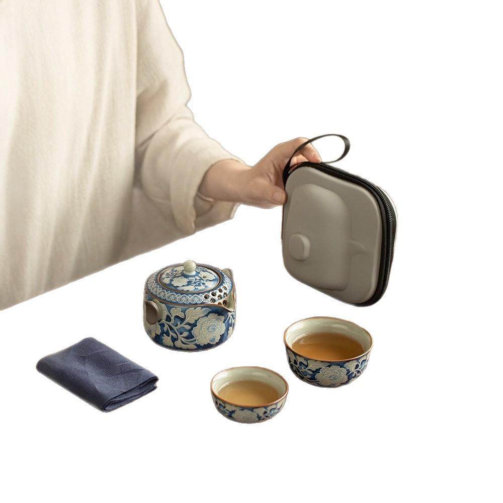仿宋汝窑元青花双耳壶快客旅行茶具户外便携式一壶两杯陶瓷手抓壶,淘宝优惠券,粉丝福利购,淘宝优惠卷